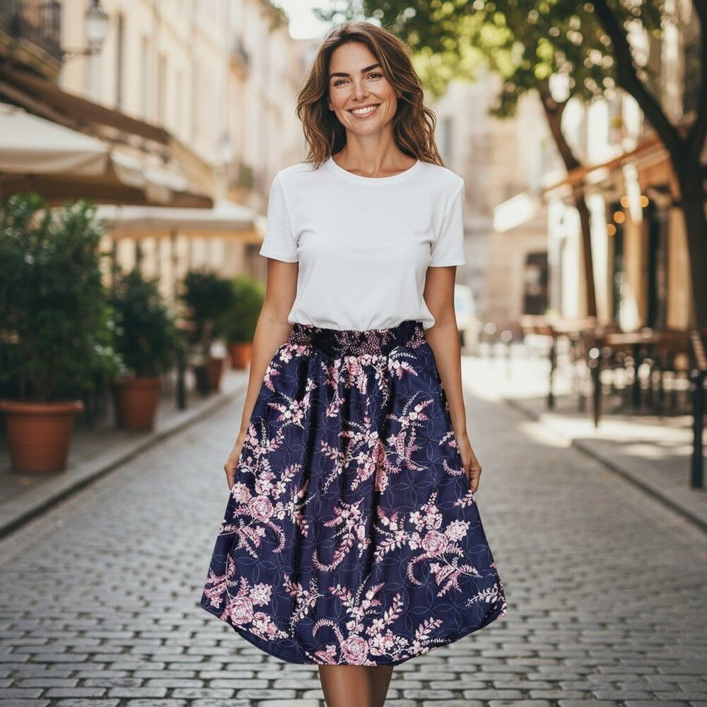Hinge Floral Black and Pink Midi Skirt with Linings and Pockets Women's Size M